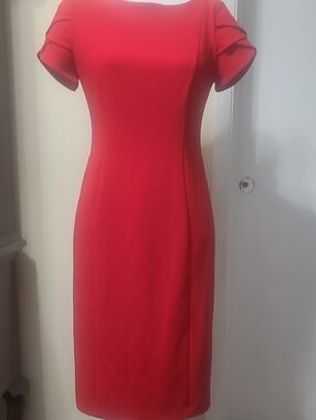 Chaps Red Midi Dress with Pleated Cap Sleeves
